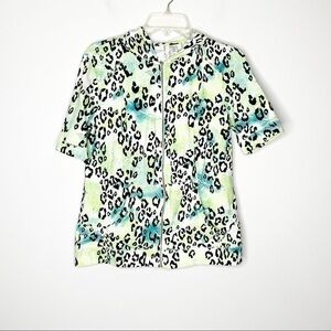 Weekends By Chico’s Green‎ and Blue Leopard Leaf Print Zip Front Hooded Jacket M